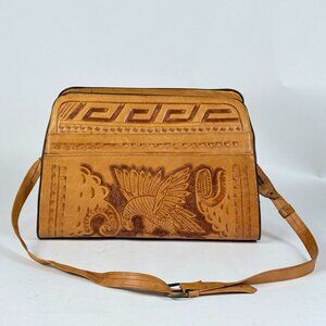 Hand Tooled Leather Crossbody Purse W/Eagle & Aztec Motif Boho Style Rustic Bag
